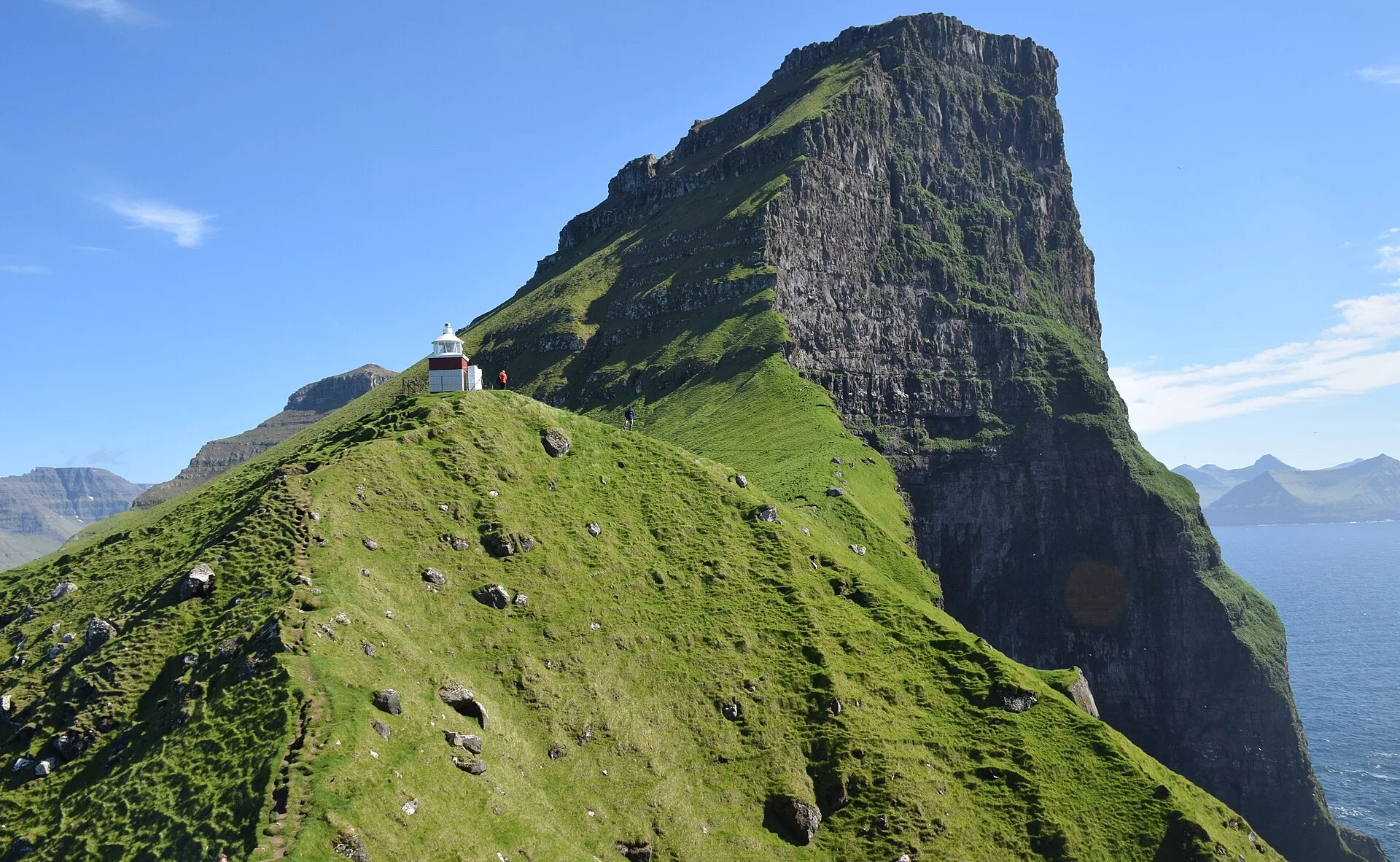 Le phare de Kallur au bout de la crête de l'île de Kalsoy, aux îles Féroé